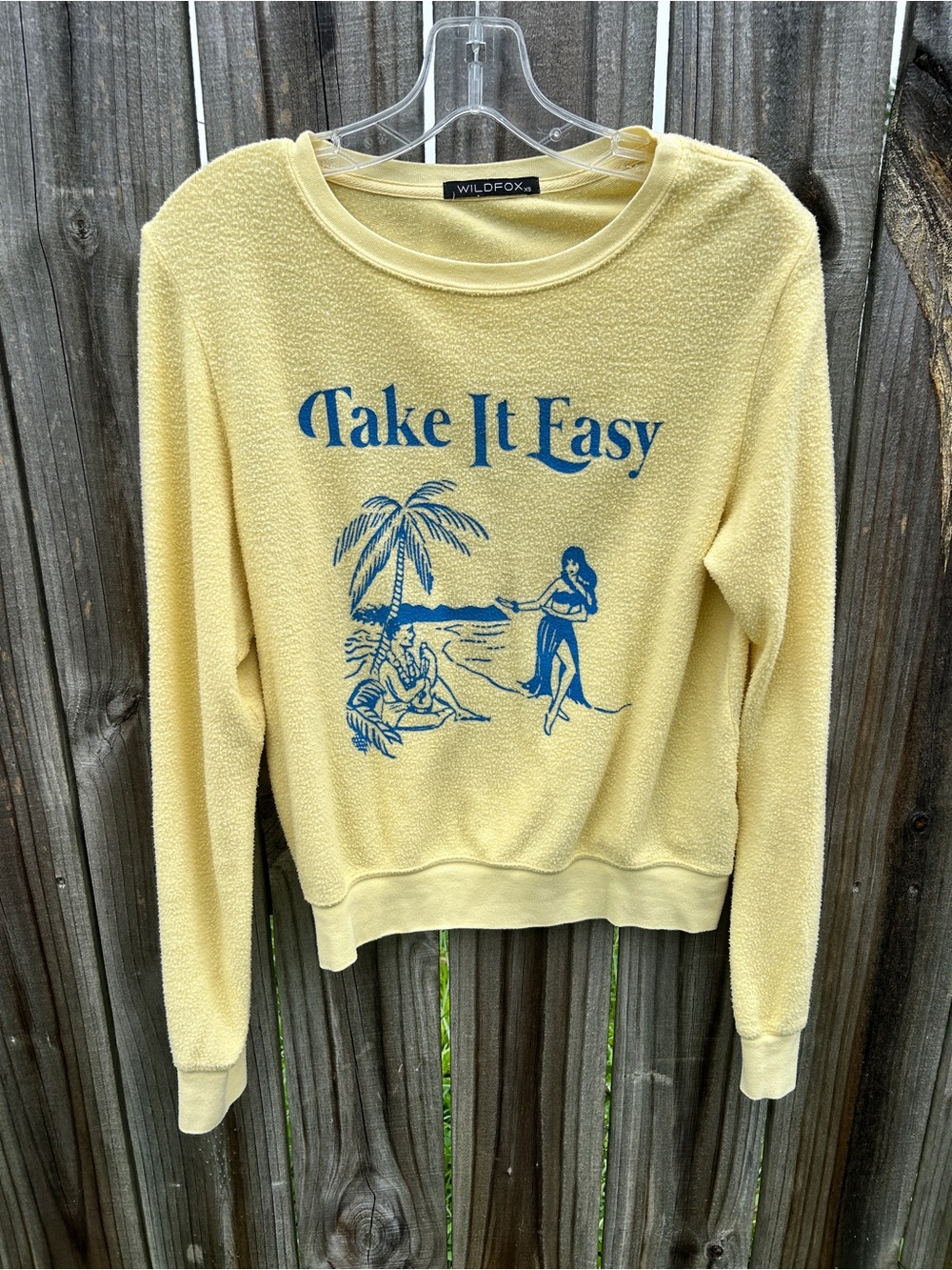 Wildfox Yellow 'Take It Easy' Graphic Pullover with Blue Print